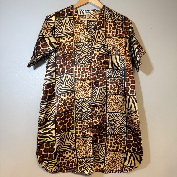 Winlar Dresses & Skirts - Winlar Vintage Animal Print Patchwork Button Front Sleep Shirt Dress Tunic Large